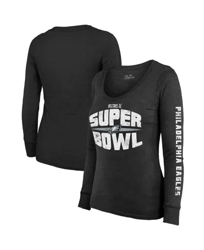 Majestic Women's Black Philadelphia Eagles Super Bowl Lix Franklin Tri-blend Long Sleeve Scoop Neck T-shirt