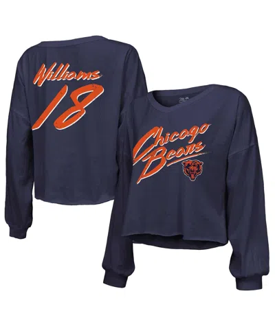 Majestic Women's Caleb Williams Navy Chicago Bears Name Number Off-shoulder Script Cropped Long Sleeve V-neck In Blue