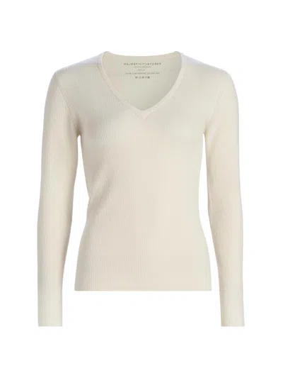 Majestic Women's Cashmere Rib-knit V-neck Sweater In White