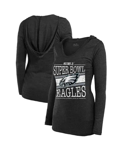 Majestic Women's Heather Charcoal Philadelphia Eagles Super Bowl Lix Dapper Tri-blend V-neck Long Sleeve Hood