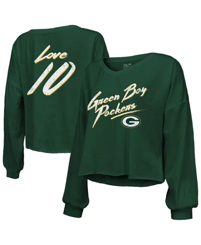 Majestic Women's Jordan Love Green Green Bay Packers Name Number Off-shoulder Script Cropped Long Sleeve V-ne