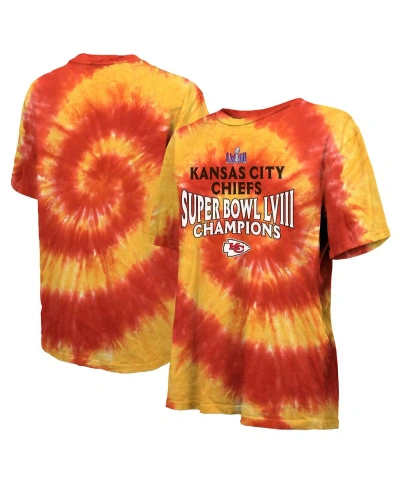 Majestic Women's  Red, Yellow Kansas City Chiefs Super Bowl Lviii Champions Oversized Tie-dye T-shirt In Red,yellow