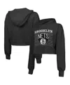 Majestic Threads Black Brooklyn Nets Repeat Cropped Tri-blend Pullover Hoodie In Black