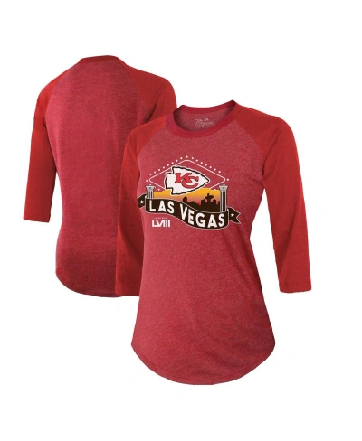 Majestic Women's  Threads Red Kansas City Chiefs Super Bowl Lviii Vegas Raglan 3/4-sleeve Tri-blend T