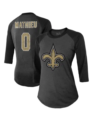 Majestic Women's  Threads Tyrann Mathieu Black New Orleans Saints Name & Number Raglan 3/4 Sleeve T-s