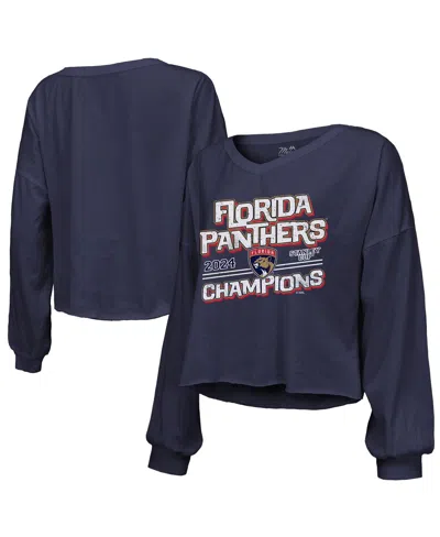 Majestic Women's Navy Florida Panthers 2024 Stanley Cup Champions Off-shoulder Long Sleeve V-neck T-shirt