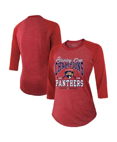 Majestic Women's Red Florida Panthers 2025 Stanley Cup Champions 3/4-sleeve Raglan Tri-blend T-shirt