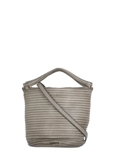 Majo Structured Leather Shoulder Bag With Ribbed Texture In Grey