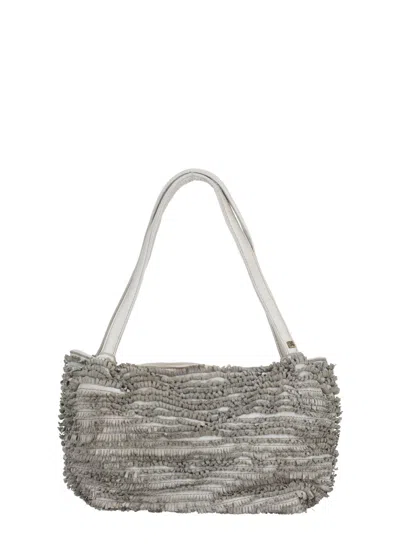 Majo Textured Grey Handbag With Fringed Leather Design