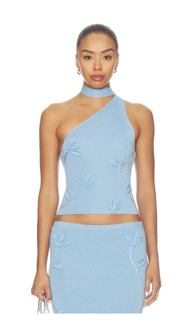 Majorelle Kaidyn One Shoulder Flower Embroidered Top In Metallic Blue