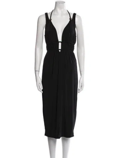 Pre-owned Majorelle V-neck Midi Length Dress In Black