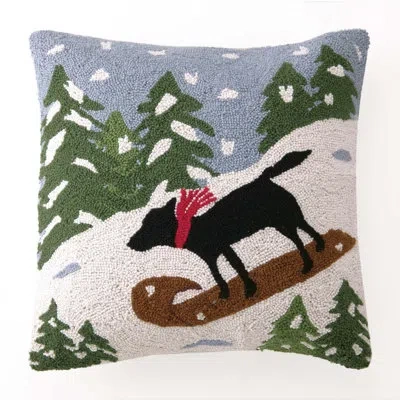 Makers Collective Black Lab On Sled Wool Hook Pillow By The Pillow Shoppe In Green;white;black