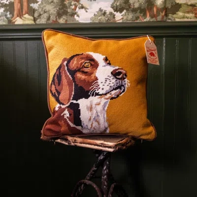 Makers Collective Camp Wandawega Hunting Dog Embroidered Needlepoint Pillow In Brown;white;gold