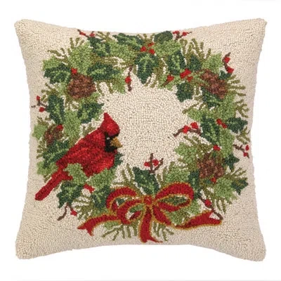 Makers Collective Cradinal Wreath  Wool Hook Pillow By The Pillow Shoppe In Red;green;cream