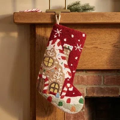 Makers Collective Gingerbread House Wool Hook Holiday Stocking By The Pillow Shoppe In Red;beige