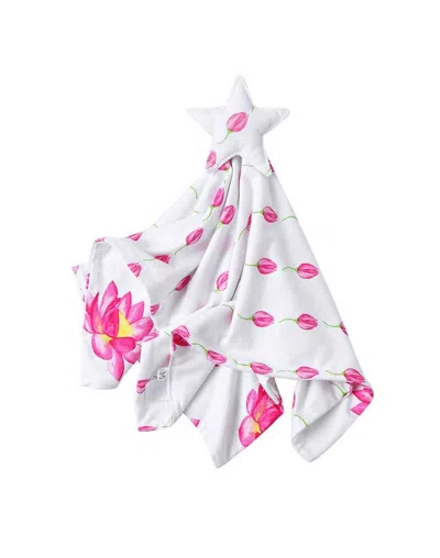 Malabar Baby Cotton Muslin Lovey Security Blanket With Plush Toy In Lotus (magical Lotus + Flower Bud) In Animal Print