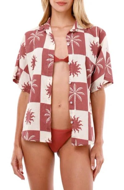 Malai Sunrise Palm Twyla Cotton Cover-up Shirt In Red