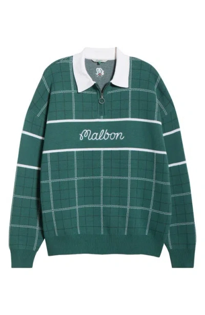 Malbon Golf Bennett Plaid Cotton Zip Polo Sweater In Green