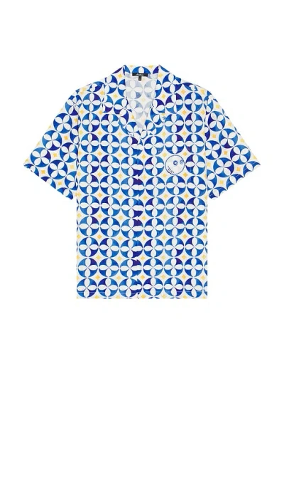 Malbon Golf Riviera Camp Collar Shirt In White  Blue  & Gold