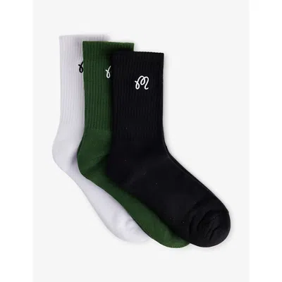 Malbon Ens  Crew Embroidered-logo Pack Of Three Cotton-blend Socks In Orange