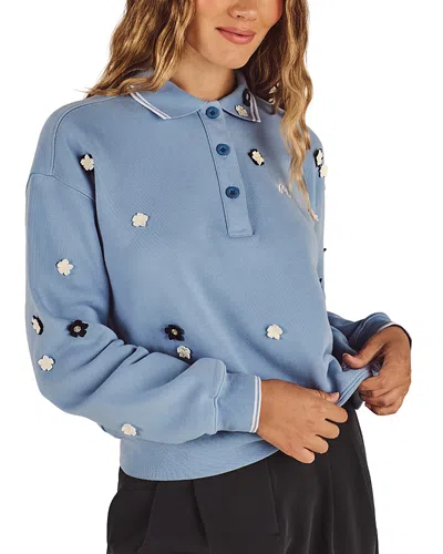 Malbon Naomi Blossom Cotton Polo Neck Sweatshirt In Blue