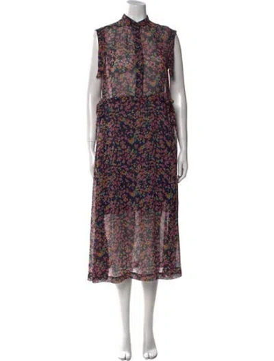Pre-owned Malia Mills Floral Print Long Dress In Blue