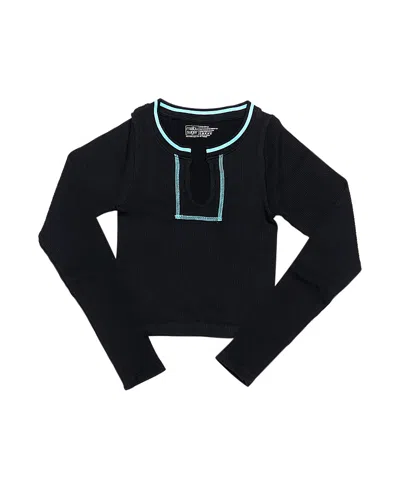 Malibu Sugar Girls' Long Sleeve Ribbed Seamless Top With Contrast Stitching (8-14) - Big Kid In Black-new Sky Blue