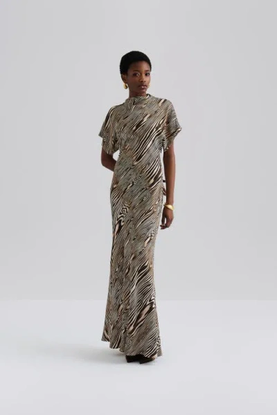 Malina Alivia Short Sleeve Satin Maxi Dress In Neutral