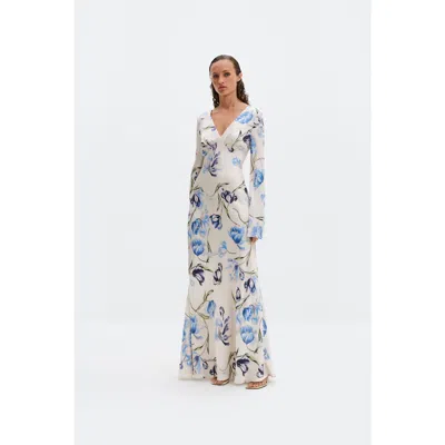 Malina Carolina Flared Sleeve Satin Maxi Dress