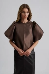 Malina Cleo Pouf Balloon Sleeve Blouse In Brown