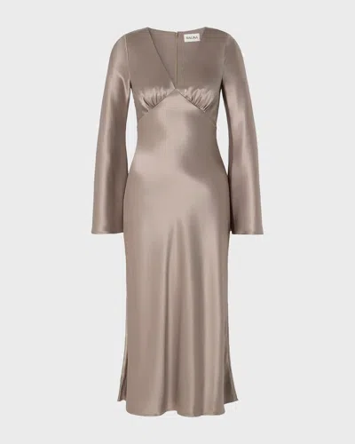 Malina Klänning Carolina Flared Sleeve Satin Midi In Brown