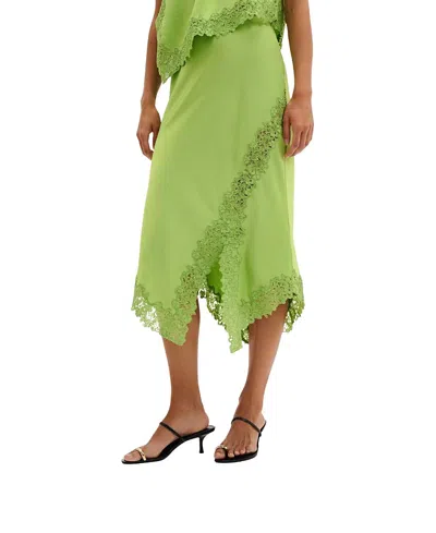 Malina Heylin Asymmetric Lace Hem Midi Skirt In Green