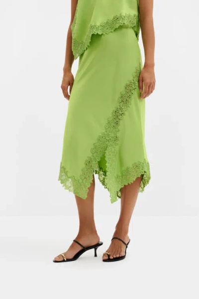 Malina Heylin Asymmetric Lace Hem Midi Skirt In Green