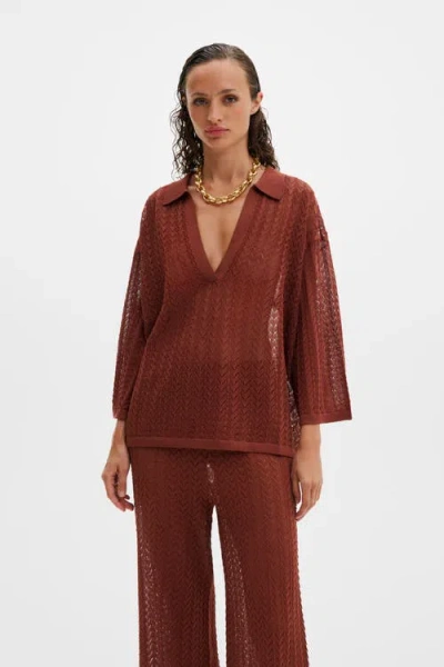 Malina Imene Pointelle Knitted Collared Top In Brown