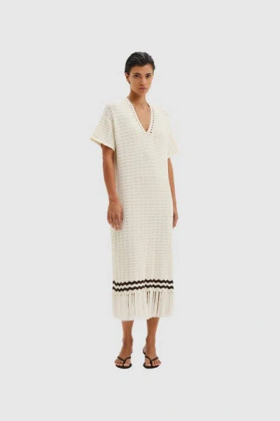 Malina Kira Knitted Fringe Midi Dress In White