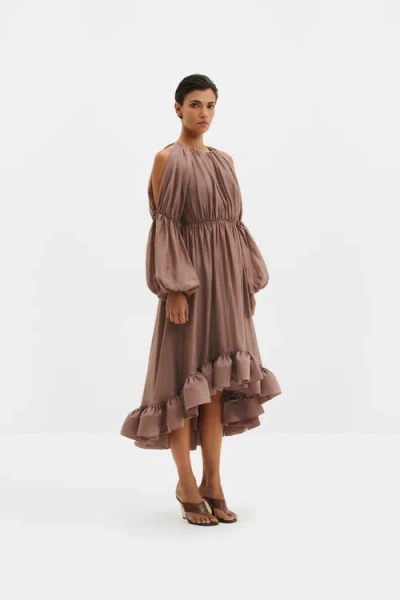Malina Leontine Pouf Sleeve Ruffled Midi Dress In Brown