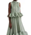 Malina Lune Halterneck Frilled Hem Blouse In Sage In Multi
