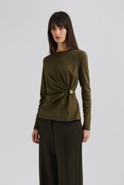 Malina Mailey  Jersey Brooch Long Sleeve Top In Green