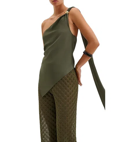 Malina Neija Brooch Detailed One Shoulder Top In Green