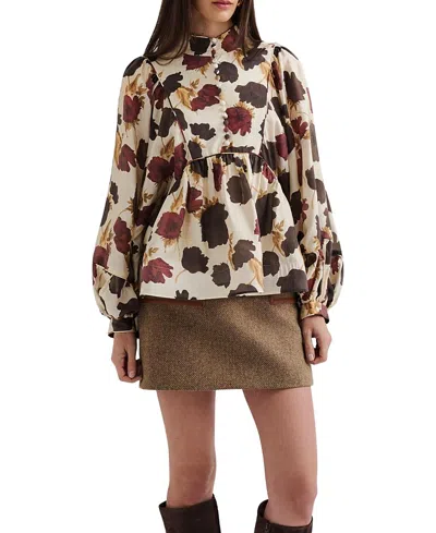 Malina Pernilla High Neck Balloon Sleeve Blouse In Neutral