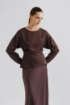 Malina Rosalie Jacquard Weave Satin Blouse In Brown