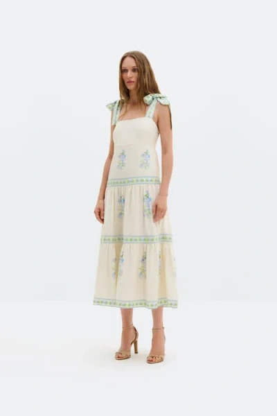 Malina Womens Pastel Vanilla Stefania Flower-embroidery Linen-blend Midi Dress In Multi