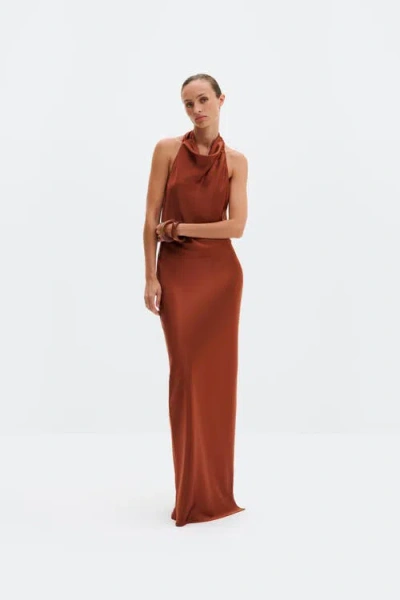 Malina Tessie Open Back Halterneck Maxi Dress In Brown