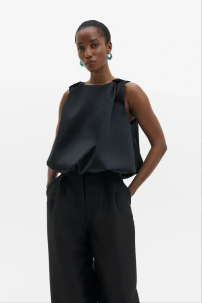 Malina Valentina Knotted Shoulder Satin Top In Black