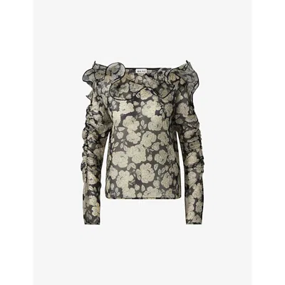 Malina Womens Angeline Graphic-print Frill-neck Organza Blouse Peony