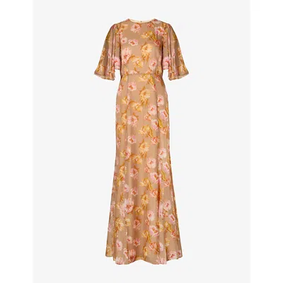 Malina Womens Champagne Peony Ida Frill-sleeve Silk-blend Maxi Dress In Multicolor