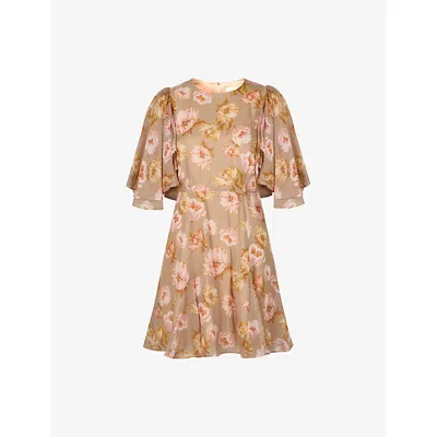 Malina Womens Champagne Peony Ida Frill-sleeve Silk-blend Mini Dress