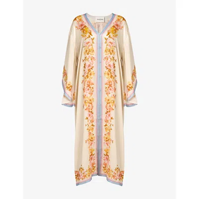 Malina Womens Naya Graphic-print Satin Kaftan Cream Peony