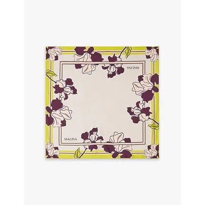 Malina Womens  Floral-pattern Logo-print Silk-twill Scarf In Fall Florals Grey