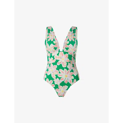 Malina Womens Green Lily Alvina Floral-print Plunge-neck Recycled-nylon Swimsuit